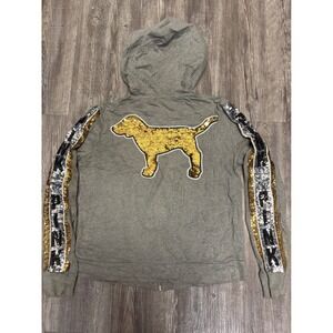 PINK Victoria Secret Gray Sequin Sleeve Full Zip Up Hoodie Sweatshirt Small